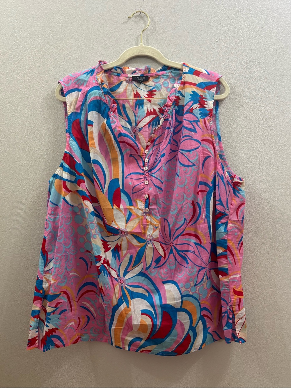 Talbots Sleeveless Pink Multicolor Print V-Neck Top 2X petite